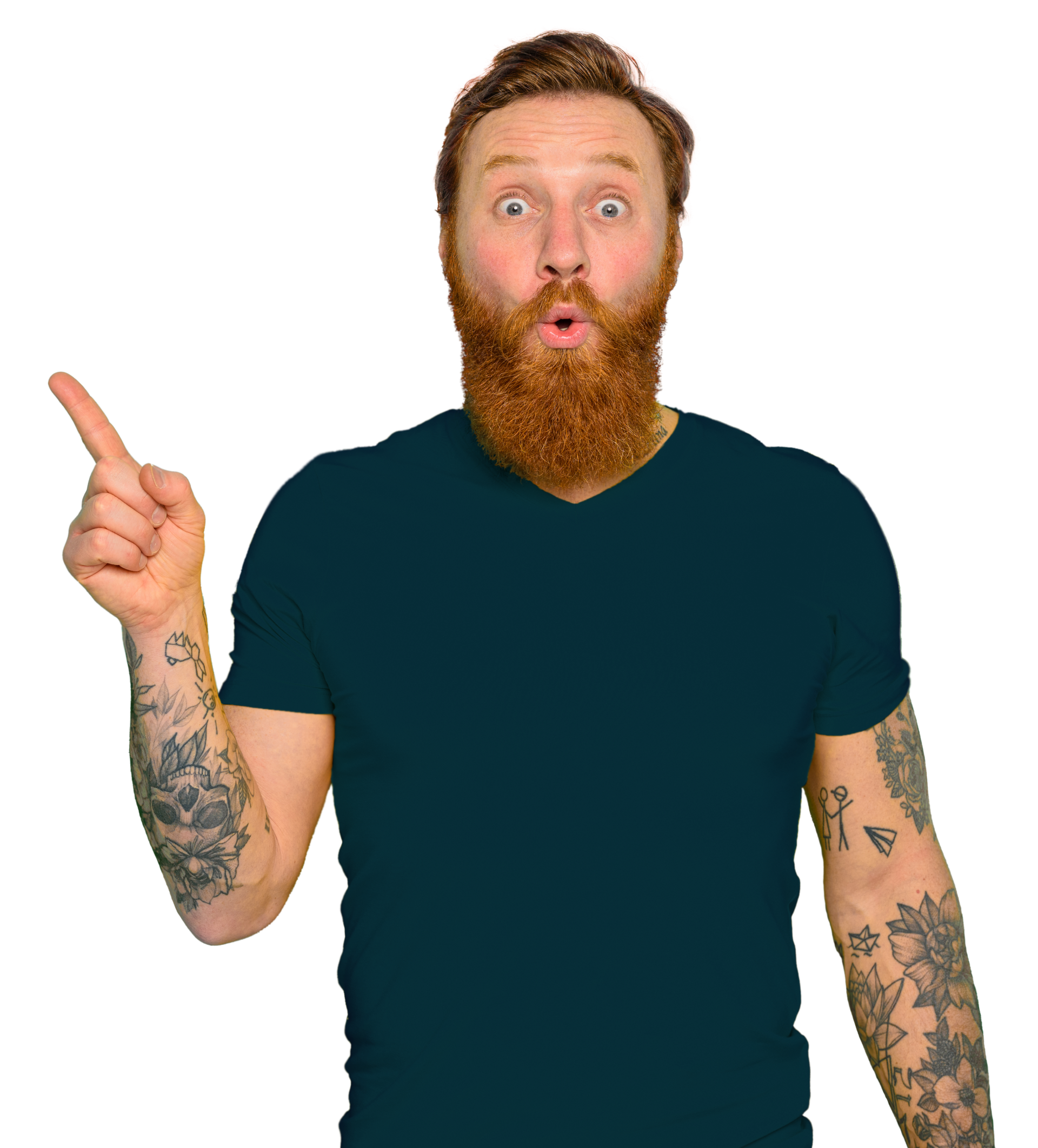 Mann mit blauem T-Shirt zeigt mit dem Finger in die Luft